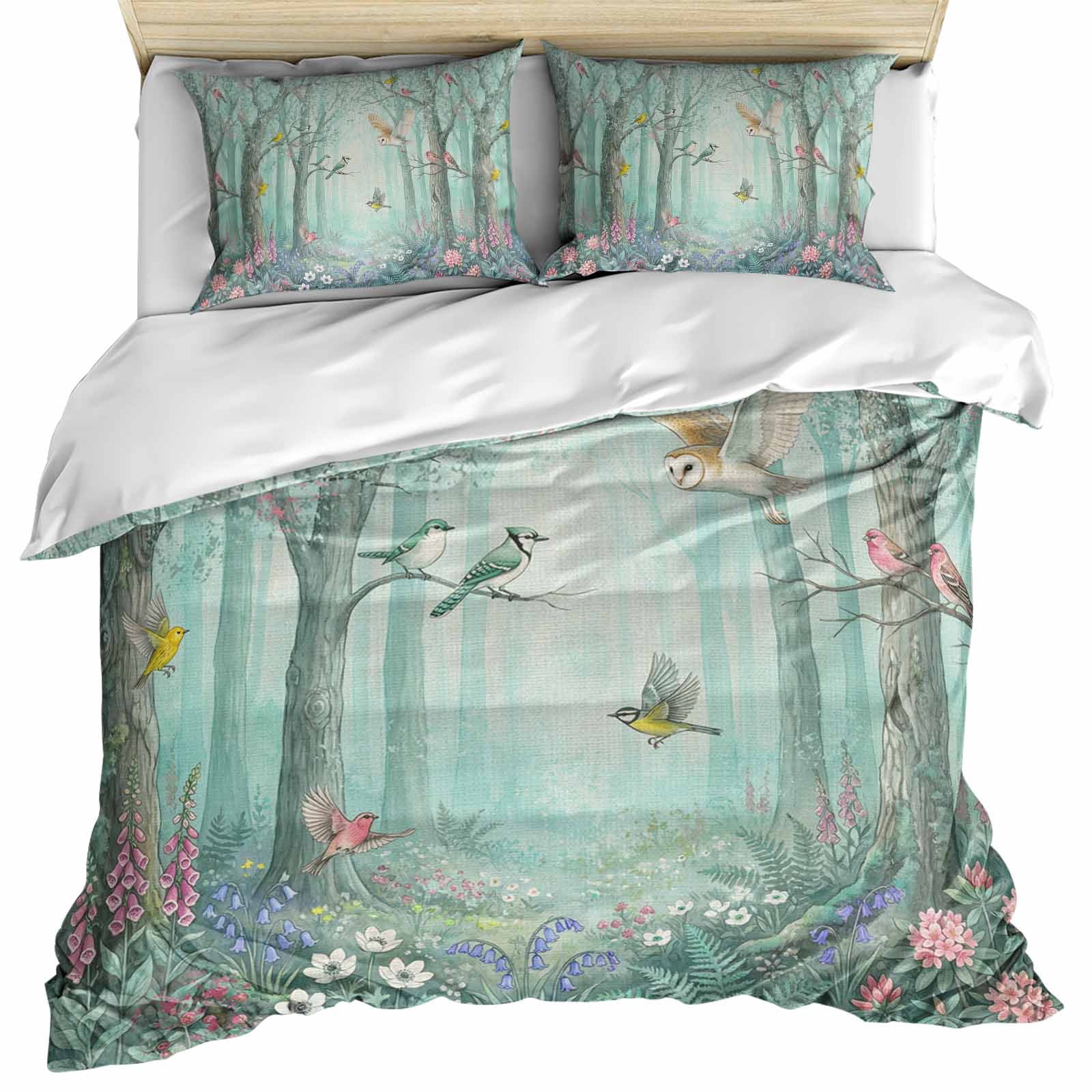 Watercolor Forest Birds Bedding 3 Piece Duvet Cover Set Full Size, Green Trees Seasonal Floral Soft Microfiber Comforter Cover with Zipper Closure & Pillowcases, Wrinkle & FadeResistant Quilt Cover