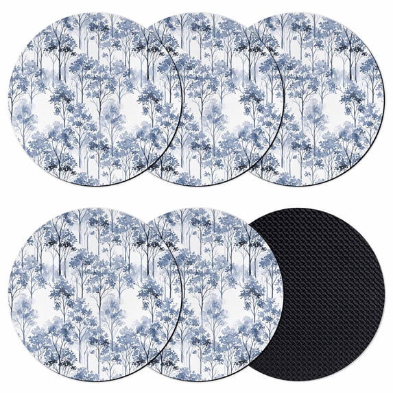 Watercolor Forest Blue Coasters Set of 6, Absorbent Coasters for Drinks, Abstract Art Modern Trees Coaster for Desk Coffee Table Protection, Home Decor House Warming Gifts 4"