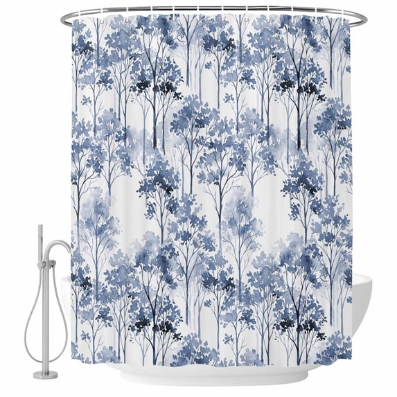 Watercolor Forest Blue Shower Curtain, Waterproof Shower Curtains for Bathroom, Abstract Art Modern Trees Washable Fabric Bathtub Curtain Set Bath Decor with 12 Hooks Long 72"x84"