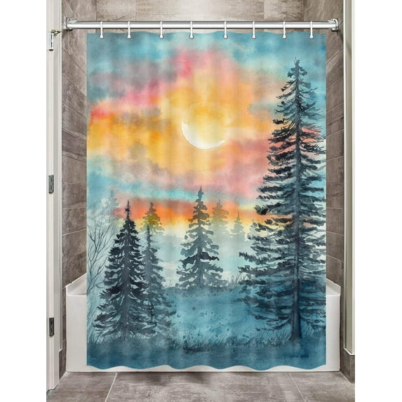 Watercolor Forest Camper RV Shower Curtain for Travel Trailers Bathroom, Blue and Grey Woodland Tree Country Camping Fabric Shower Curtains Set, Natural Landscape Decor Accessories with Hooks 36X72