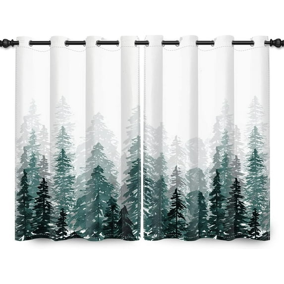 Watercolor Forest Decorative Window Curtains Green Forest Pine Trees Window Treatments Nature Landscape Blackout Drapes for Kitchen Bedroom Living Room Decoration-52"W x 45"L (Pack of 2)