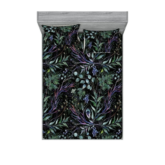 Watercolor Forest Fitted Sheet & Pillow Sham Set, Leaves Greenery and Bohemian Petals Jungle Night Vibes Print, Decorative Printed 3 Piece Bedding Decor, Queen, Lavender and Jade Green, by Ambesonne