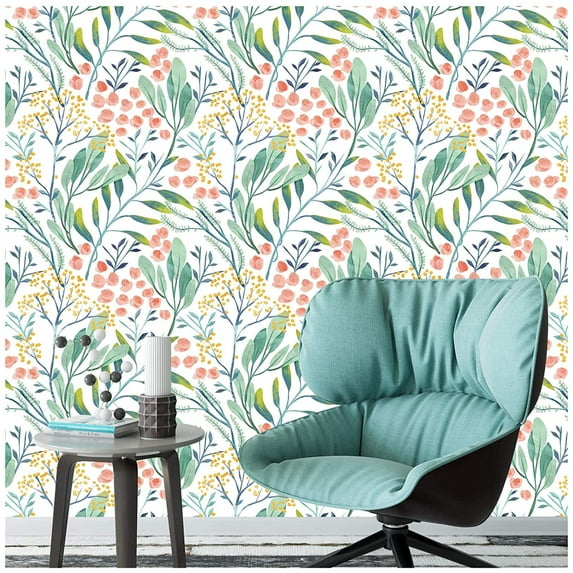 Watercolor Forest Floral Peel and Stick Wallpaper Removable White/Green/Pink Vinyl Self Adhesive Shelf Liner 17.7in x 9.8ft