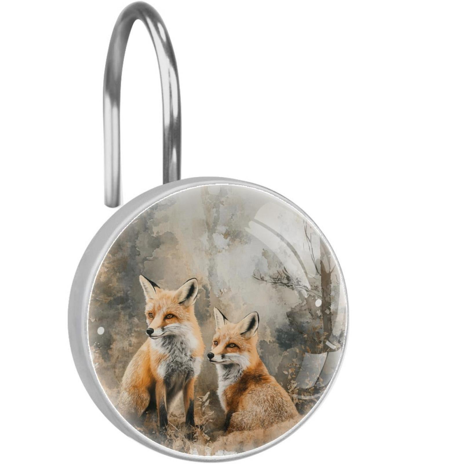 Watercolor Forest Foxes Shower Curtain Hooks Round Crystal Glass, Set of 12 Shower Curtain Rings - Shower Hooks for Curtain Shower Rings