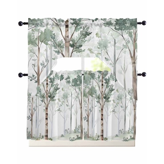 Watercolor Forest Green Kitchen Curtains Sets 24 Inch Length with Valance, Vintage Branches Leaves Swag Valances and Tiers Curtain Set Drapes Swag Curtains for Living Room, Bathroom, Bedroom, Cafe