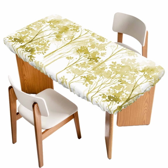 Watercolor Forest Green Table Cloths for 4 Foot Rectangle Tables, Abstract Art Modern Trees Patio Waterproof Elastic Fitted Tablecloths, Washable Rectangular Table Cover for Camping