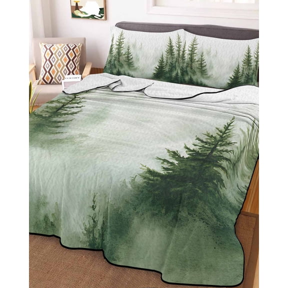 Watercolor Forest King Size Down Alternative Comforter, Lightweight Comforter Quilt Bedding Set with Pillow Shams Green Foggy Natural Landscape Plants All Seasons Bed Comforter Duvet Insert 96"x106"