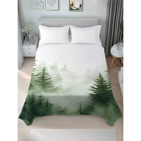 Watercolor Forest King Size Flat Sheet, Wrinkleproof & Fadeproof Cooling Flat Bed Sheet Only, Green Foggy Natural Landscape Plants Breathable Soft Bedding Top Sheets 105 x 98 Inches