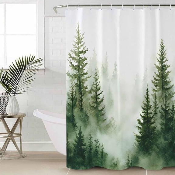 Watercolor Forest Long Shower Curtain Set, Waterproof Shower Curtains for Bathroom, Green Foggy Natural Landscape Plants Washable Fabric Cloth Bath Curtain for Bathtub with Hooks 72x84 Inches