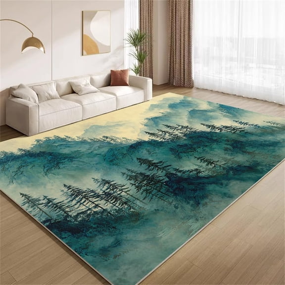 Watercolor Forest Mountain Area Rugs, Teal Pine Tree Landscape Pattern Carpet, Washable Non Slip Low Pile Soft Rug for Living Room Bedroom Decor Mat 2ftx3ft