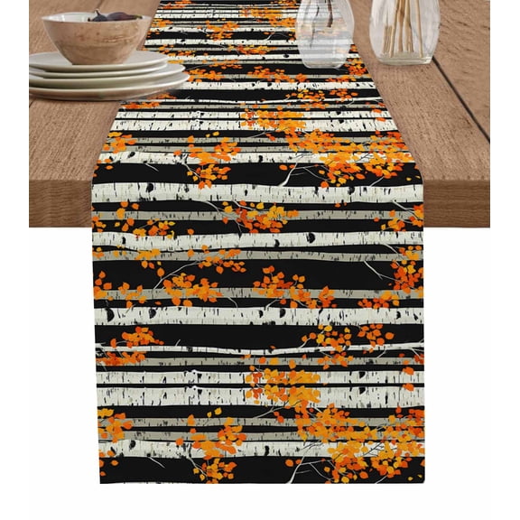 Watercolor Forest Orange Leaves Table Runner 48 Inches, Fall Tree Trunk Bed Runner Dresser Scarves Tabletop for Indoor Outdoor Parties/Ceremony/Banquet, 13" x 48"