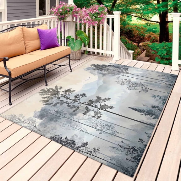 Watercolor Forest Outdoor Rug 3x5 Ft, Non Slip Washable Area Rug, Vintage Mountain Branches Tree Patio Rugs Carpet Runner, Large Floor Mat for Indoor/Outdoor Deck Porch Camping