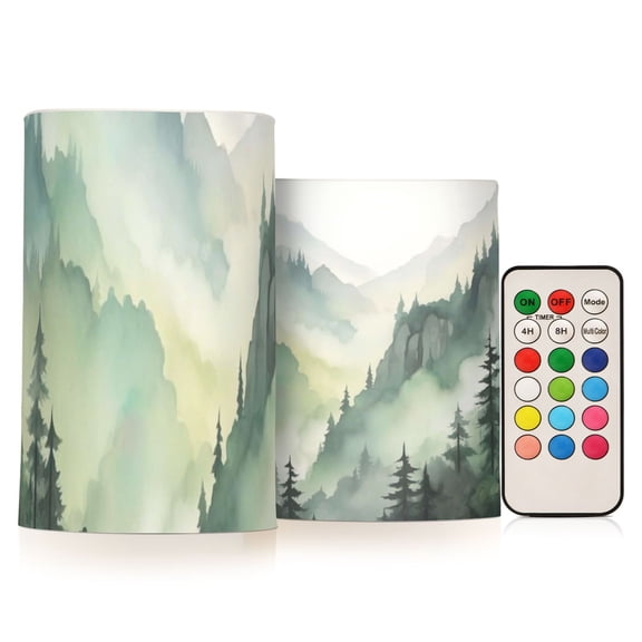 Watercolor Forest Pattern Flickering Flameless Candles Battery Operated with Remote Timer LED Pillar Candles Set of 2
