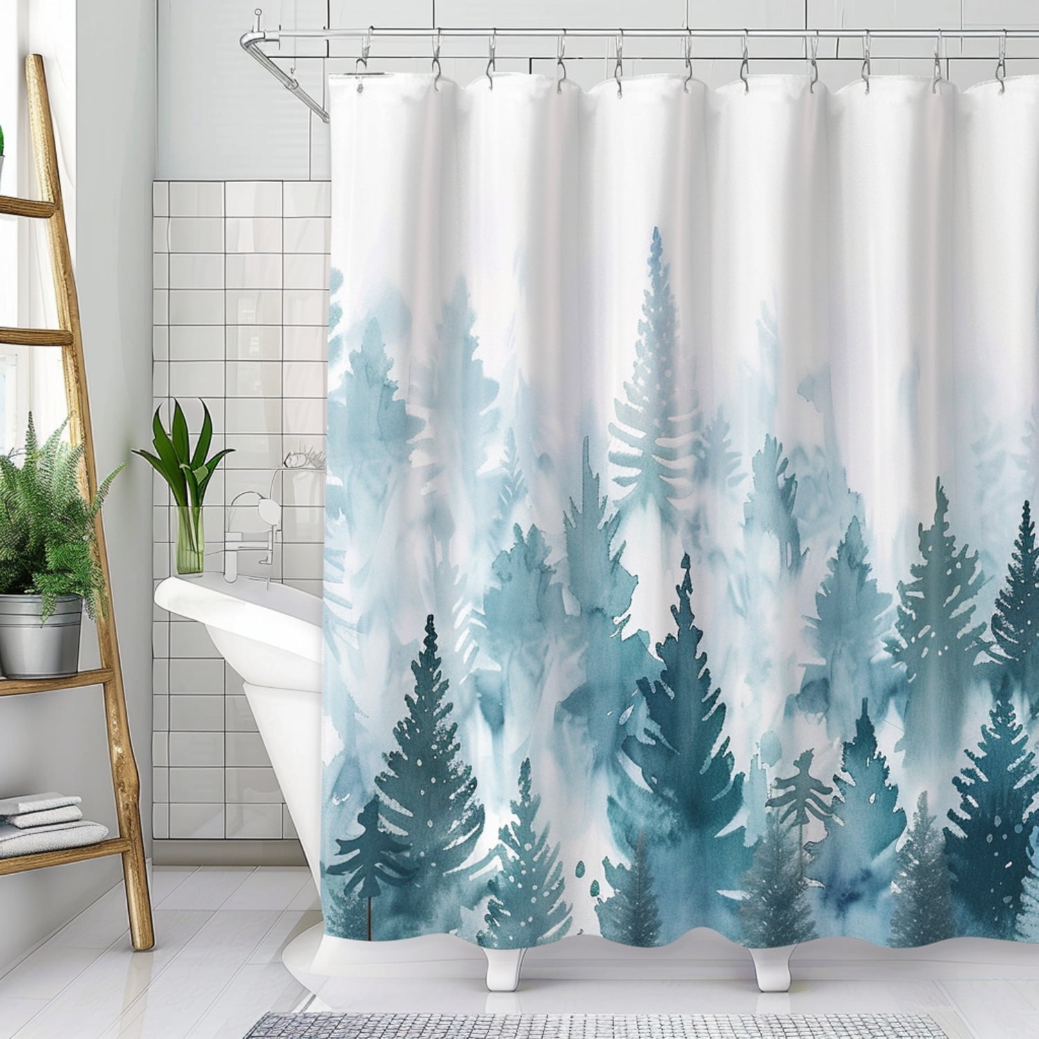 Watercolor Forest Pattern Shower Curtain with Wooden Elements and Green ...