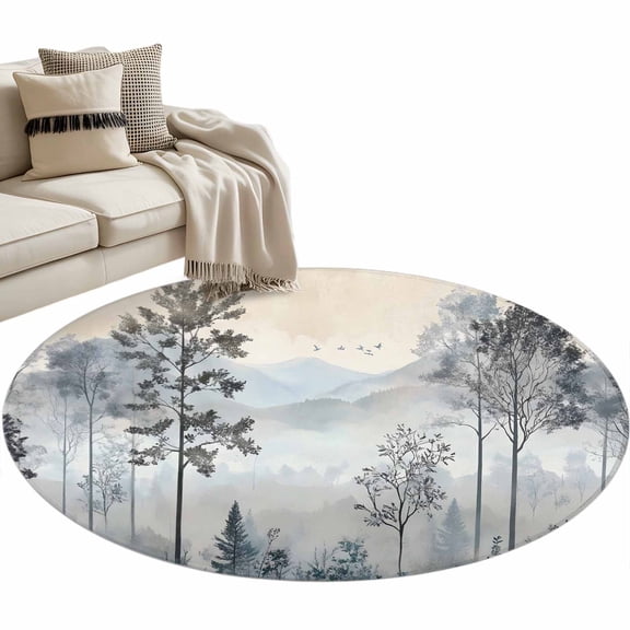 Watercolor Forest Round Area Rug 4ft Vintage Mountain Fog Branches Tree Botanical Non-Slip Washable Circle Rugs Soft Felt Indoor Floor Mat for Bedroom Kitchen Living Room Bathroom