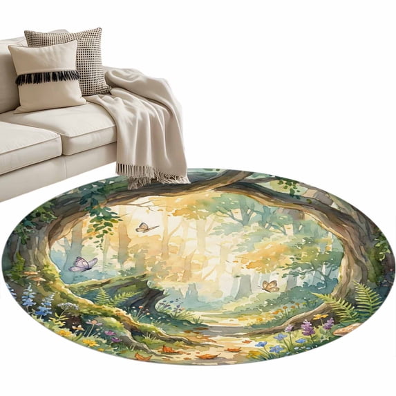 Watercolor Forest Round Rug 3.3ft Washable Circle Entryway Rugs Non Slip Spring Botanical Floral Area Rug Indoor Floor Carpet for Bedroom Kitchen Living Room Home Office Dining Room Nursery