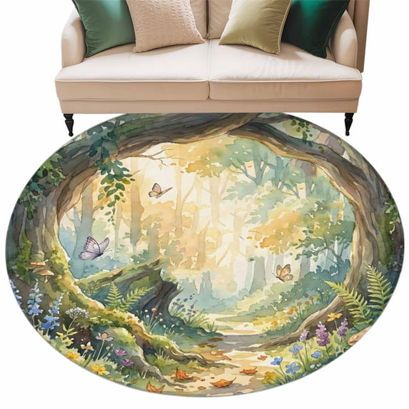 Watercolor Forest Round Rug 7ft Washable Circle Rugs Non Slip Spring Botanical Floral Large Area Rug Indoor Floor Carpet for Bedroom Kitchen Living Room Home Office Dining Room Nursery