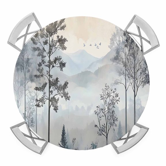Watercolor Forest Round Tablecloth for 45-54 Inch Tables, Fitted Table Cover with Elastic Edge, Vintage Mountain Branches Tree Waterproof Outdoor Table Cloth Protector for Patio Garden Dinner Picnic
