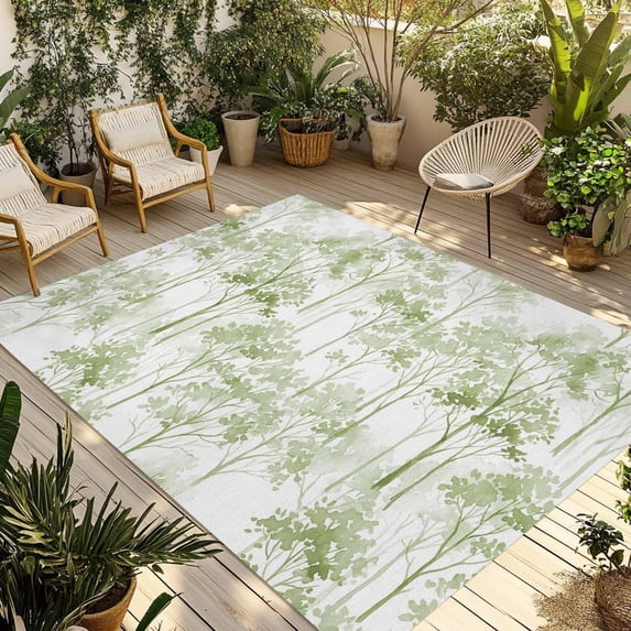 Watercolor Forest Sage Green Outdoor Rug for Patio/Deck/Porch, Non-Slip Large Area Rug 5 x 7 Ft, Abstract Art Modern Trees Indoor Outdoor Rugs Washable Area Rugs, Reversible Camping Rug Carpet Runner