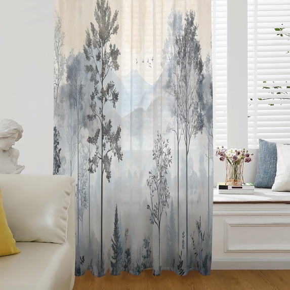 Watercolor Forest Sheer Curtains 63 Inch Length, Light Filtering Voile Curtain Panel, Vintage Mountain Branches Tree Rod Pocket Drapes Window Treatments for Living Room Bedroom 52"x63"