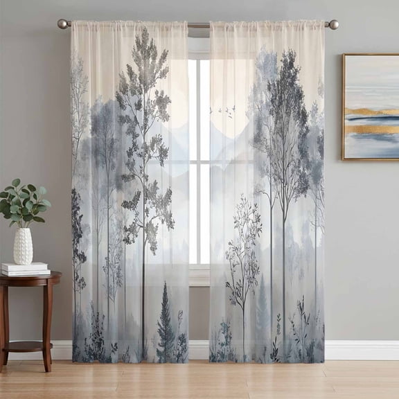 Watercolor Forest Sheer Curtains 84 Inch Length 2 Panels Set, Vintage Mountain Branches Tree Voile Window Treatment Rod Pocket Curtains Sheers Drapes for Bedroom/Living Room/Kitchen 52"x84"x2
