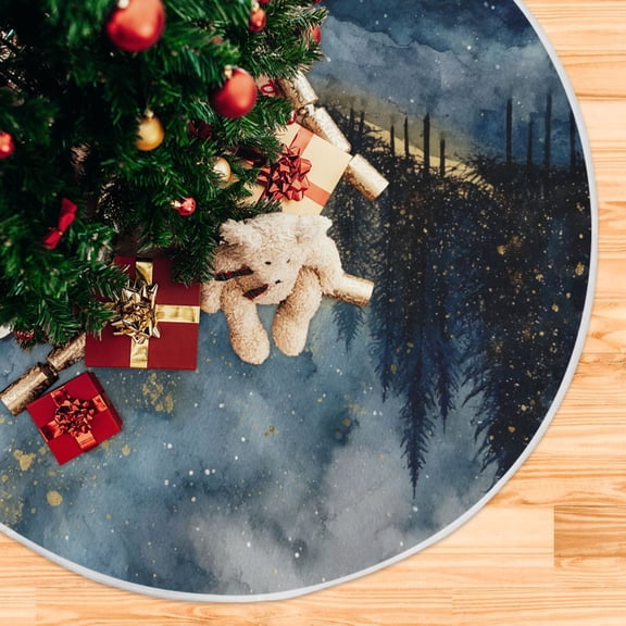 Watercolor Forest Snowy Landscape Christmas Christmas Tree Skirt Opening Design Floor Mat Holiday Decor 35 inch