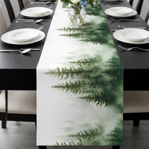 Watercolor Forest Table Runner 60 Inches Long, Green Foggy Natural Landscape Plants Kitchen Coffee Dining Table Decoration for Home Party Birthday Wedding Home Decor 13x60 Inches