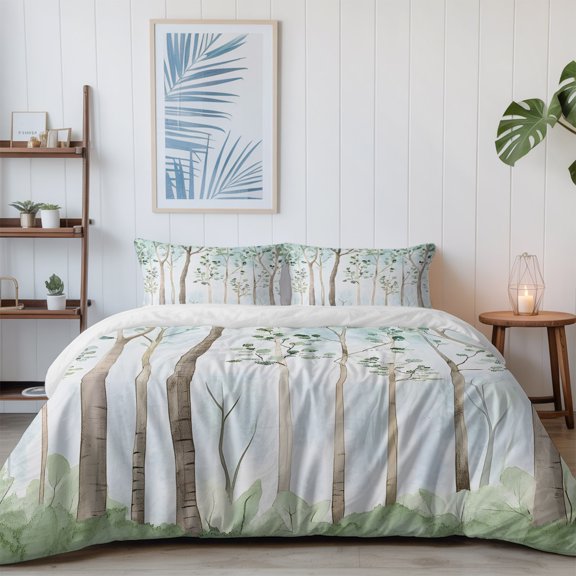 Watercolor Forest Tree Leaf California King Size Bed Set,Country Botanical Theme Bedding for All Seasons,4 Pcs Bed Set with 1 Quiltcover (96"x104"),1 Sheet (110"x98"),2 Pillowcases (20"x36")