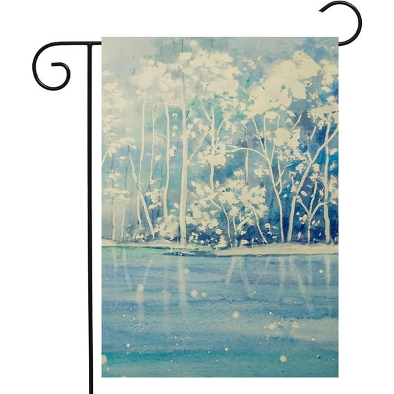 Watercolor Forest Trees Branches Blue Water Lake Winter Landscape Garden Yard Flag 12"x 18" Double Sided Polyester Welcome House Flag for Patio Lawn Outdoor Home Decor
