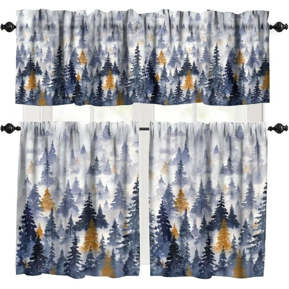 Watercolor Forest Valances Set for Kitchen,Nature Landscape Forest Mountains Rustic Home Decor Rod Pocket Short Window Drapes for Kitchen Living Room 54x18in+27x24in x2