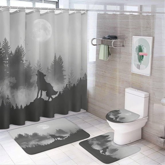 Watercolor Forest Wolf Shower Curtain Modern Jungle Moon Wildlife Wolf Bathroom Shower Curtain Set with Hooks