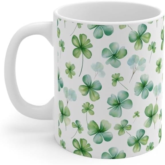 Watercolor Four Leaf Clovers Mug, 11oz St. Patricks Day Coffee Cup, Lucky Irish Mug Gift for Coworker or Friend/Family, Irish Theme Ceramic Cup, Green Cup Decor