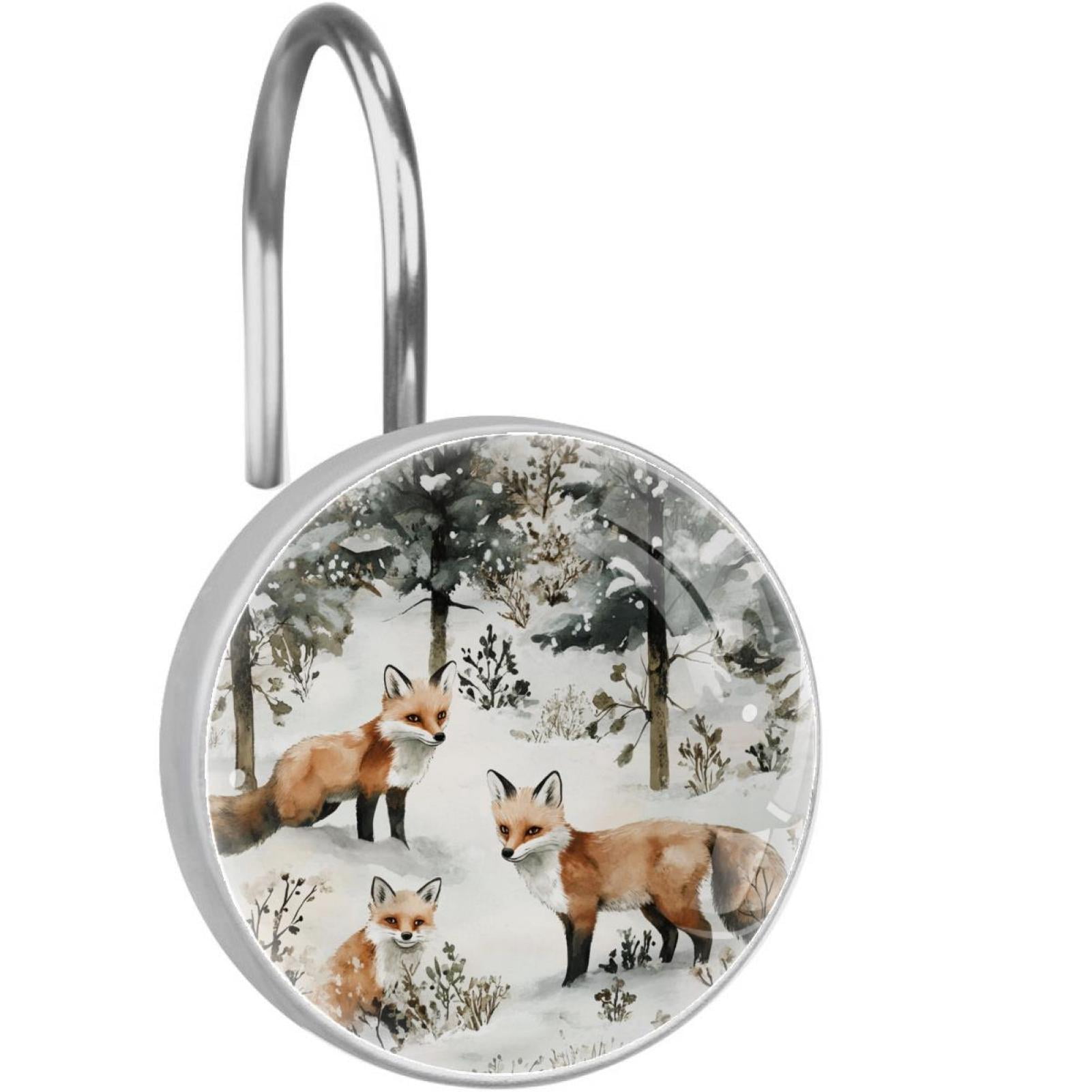 Watercolor Fox Family Shower Curtain Hooks Round Crystal Glass, Set of 12 Shower Curtain Rings - Shower Hooks for Curtain Shower Rings