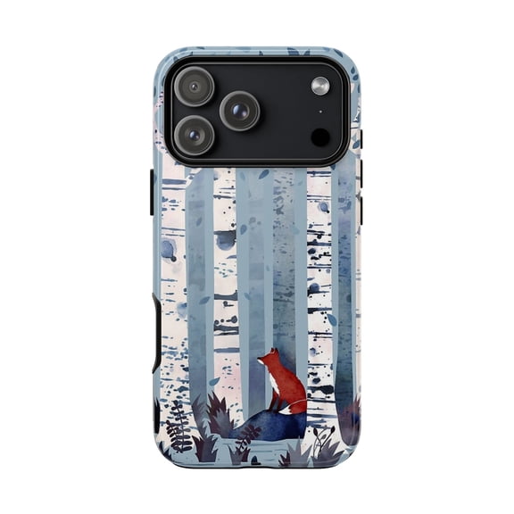 Watercolor Fox Forest Tough Phone Case for iPhone Models, Glossy Shockproof Dual Layer Protective Cover, Wireless Charging Compatible Gift for Nature Lovers