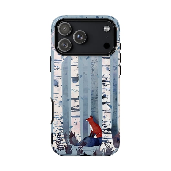 Watercolor Fox Forest Tough Phone Case for iPhone Models, Glossy Shockproof Dual Layer Protective Cover, Wireless Charging Compatible Gift for Nature Lovers