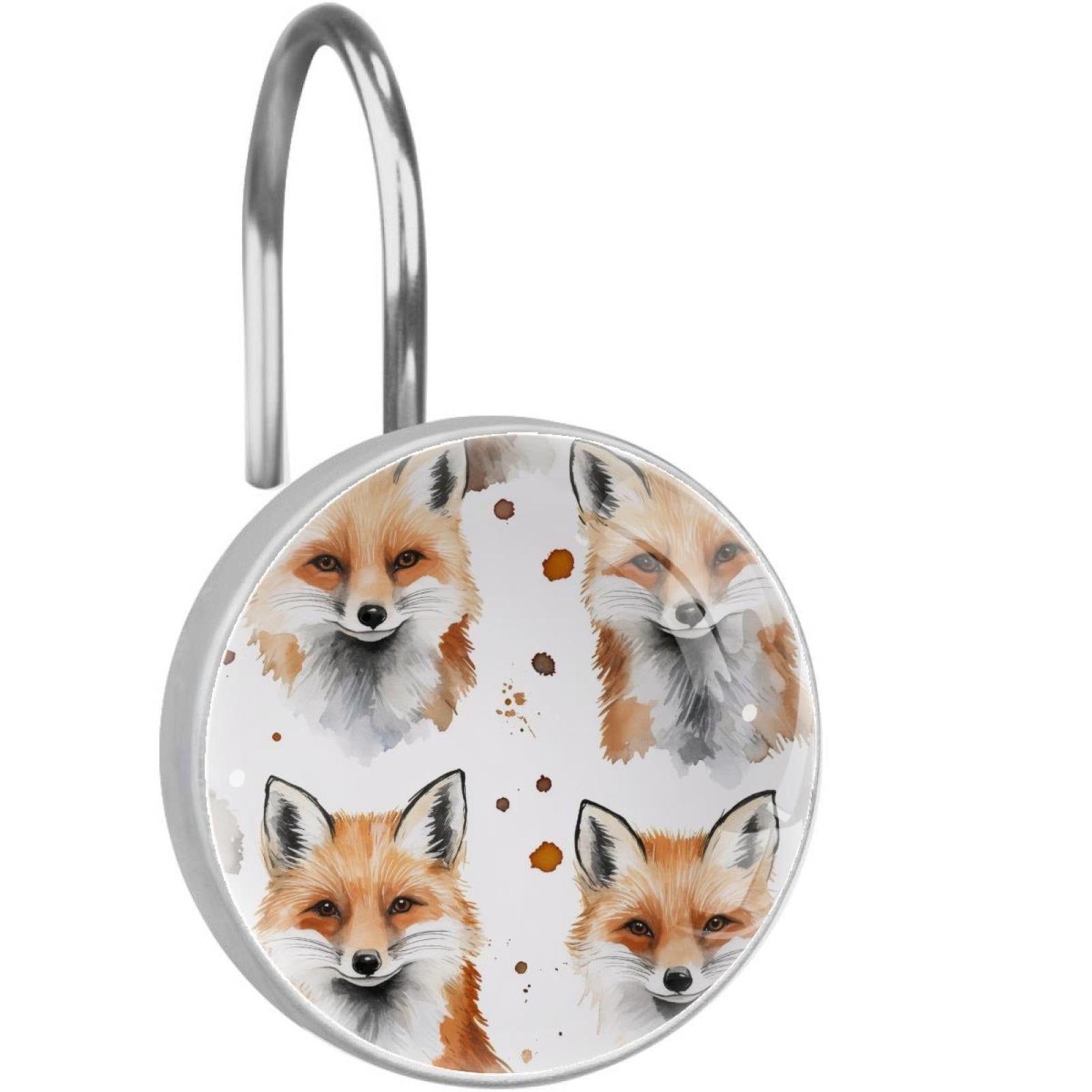 Watercolor Foxes Shower Curtain Hooks Round Crystal Glass, Set of 12 Shower Curtain Rings - Shower Hooks for Curtain Shower Rings