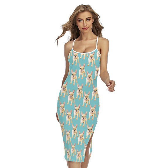 Watercolor French Bulldog Puppy Printed Cross Back Cami Dress, Dog Pet Lover Fashion Summer Maxi Sexy Casual Dress For Women