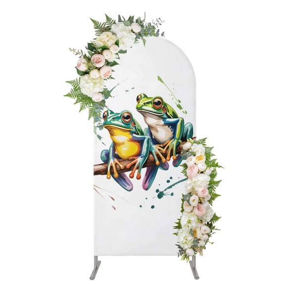 Watercolor Frog Arch Backdrop Cover 4FT, Spring Summer Tropical Animals Rustic Spandex Fitted Stretchy Arch Stand Covers, Round Top Chiara Backdrop Cover for Wedding Party Birthday Baby Shower