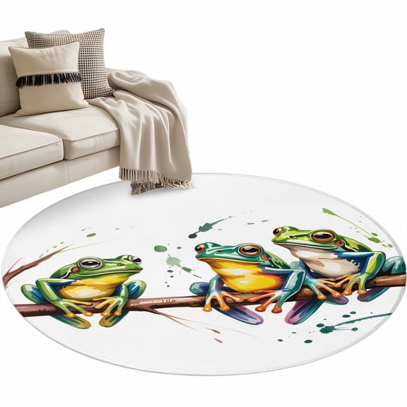 Watercolor Frog Area Rug, Green Frogs Animals Branch Cartoon Washable Large Circle Carpet, Non Slip Round Rug for Living Room/Bedroom/Dining Room/Home Office/Dorm