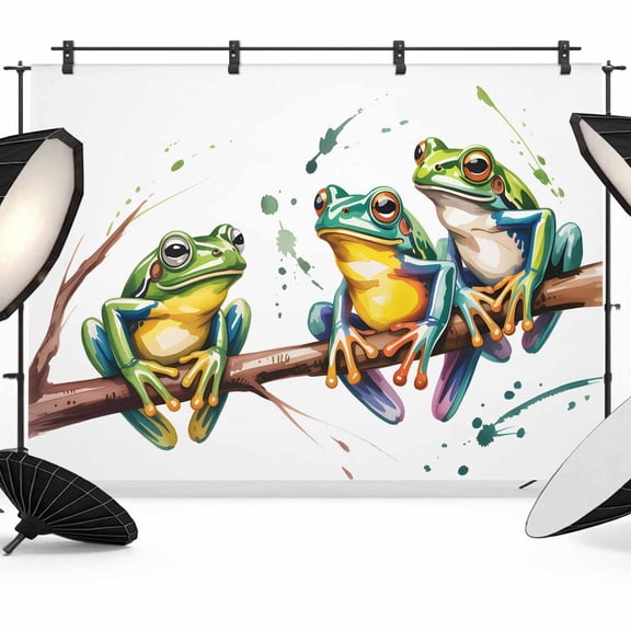 Watercolor Frog Backdrop for Photoshoot,Photography Photo Studio Background Wall Backdrop,Spring Summer Tropical Animals Rustic Back Drop Banner Panel for Portraits Wedding Live Streaming 12x8Ft