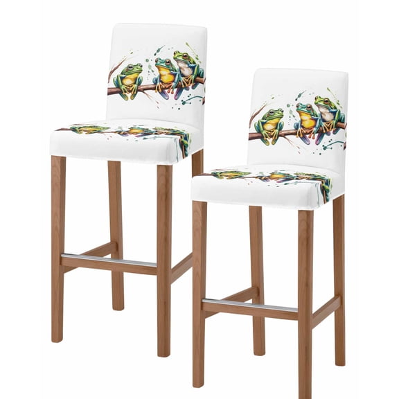 Watercolor Frog Bar Stool Covers Set of 2, Spring Summer Tropical Animals Rustic Stretch Washable Bar Chair Covers with Backs, Removable Pub Counter Height Chair Cover for Kitchen Dining Room Cafe
