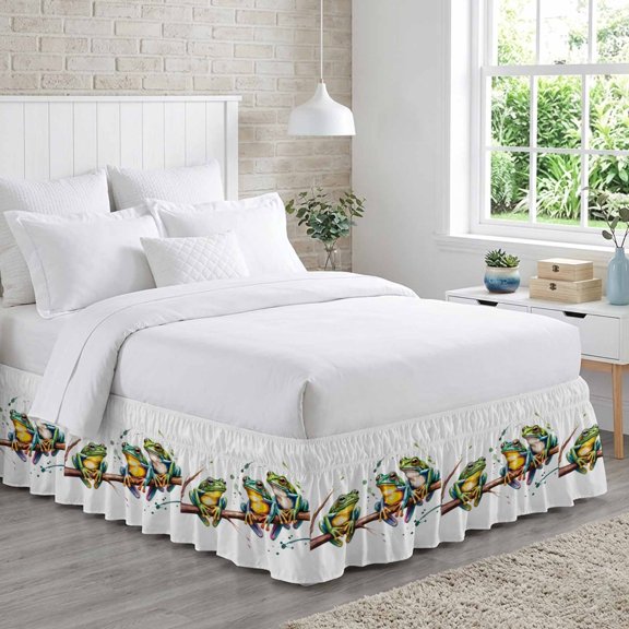 Watercolor Frog Bed Skirt Queen Size 18 Inch Drop, Green Frogs Animals Branch Cartoon Adjustable Elastic Dust Ruffles Bedskirt for Queen Bed Wrap Around Pleated Mattress Frame Cover