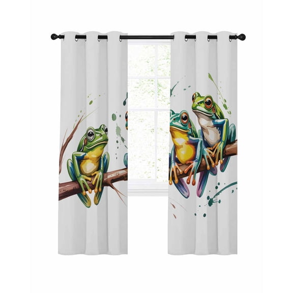 Watercolor Frog Blackout Curtains 72 Inch Length Green Frogs Animals Branch Cartoon Thermal Insulated Window Curtain Window Drapes 2 Panels for Bedroom Living Room 52"Wx72"L