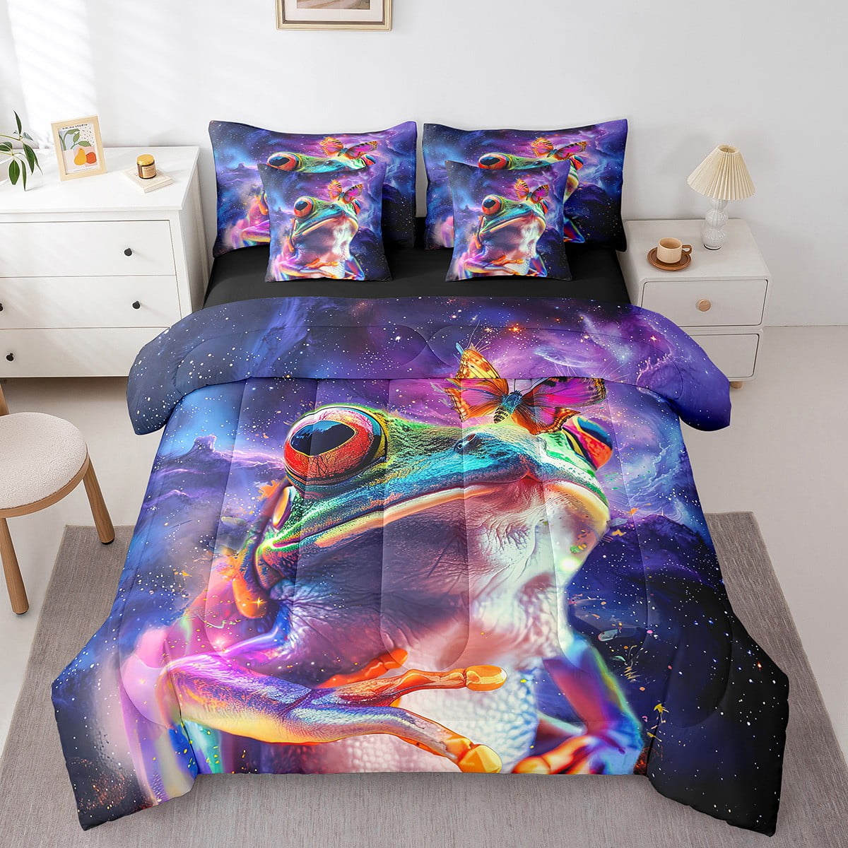 Watercolor Frog Full Comforter Set 7-Piece Purple Navy Blue Bedding ...