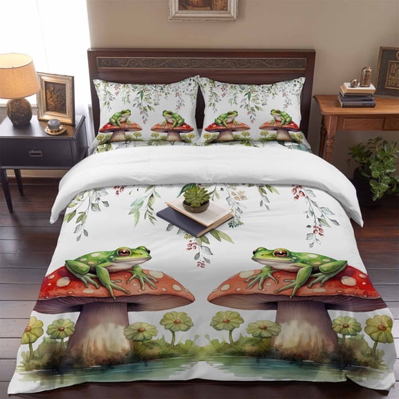 Watercolor Frog on Mushroom Queen Size Bed Set,Eucalyptus Leaf Floral on White Bedding for All Seasons,4 Pcs Bed Set,1 Quiltcover (90"x90"),1 Sheet (90"x102"),2 Pillowcases (20"x30")