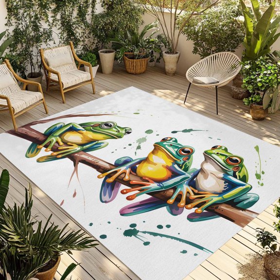 Watercolor Frog Outdoor Rug for Patio/Deck/Porch, Non-Slip Large Area Rug 5 x 7 Ft, Spring Summer Tropical Animals Rustic Indoor Outdoor Rugs Washable Area Rugs, Reversible Camping Rug Carpet Runner