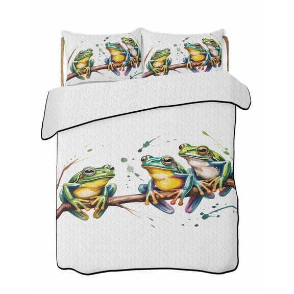 Watercolor Frog Quilts Bedding Set Full Size Green Frogs Animals Branch Cartoon Lightweight Quilted Bedspread 3 Piece Bed Quilt with 2 Pillow Shams All Season for Bedroom 68" x 98"