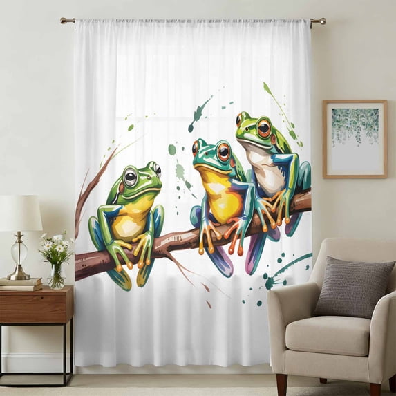Watercolor Frog Sheer Curtains 96 Inches Long, Spring Summer Tropical Animals Rustic Light Filering Curtains, Privacy Drapes Simi Floor to Veiling Curtain for Living Room Bedroom Window Treatment