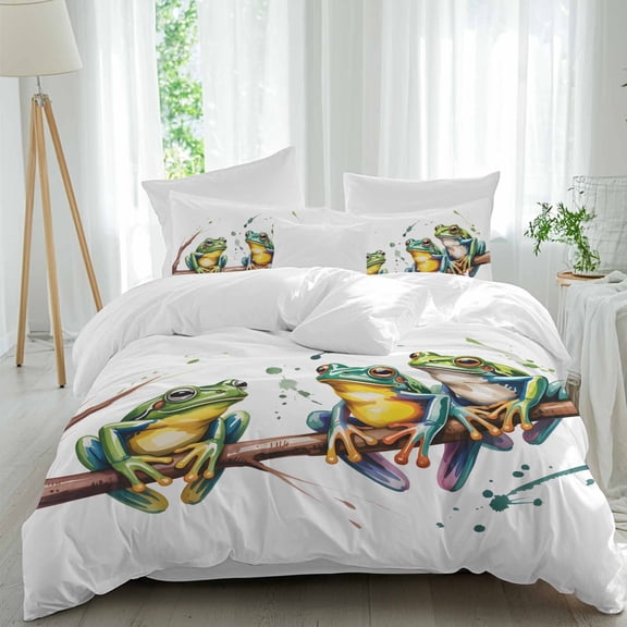 Watercolor Frog Twin Size Comforter Set, Green Frogs Animals Branch Cartoon Bedding for All Seasons, 4 Pcs Bed Set, 1 Quiltcover (68"x86") ,1Sheet(67"x116"), 2Pillowcases (30"x20")