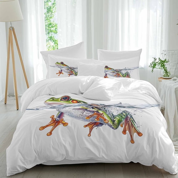 Watercolor Frog Vintage Frog California King Duvet Cover Set, Water Surface Frog 4 Piece Microfiber Bedding Set with Zipper Closure, Bed Sheet and 2 Pillow Shams, Soft Bedding Cover